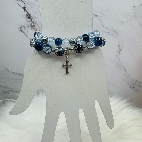 Sea Blue Gradient Beaded Cross Charm Bracelets Style B - Picture 1 of 5